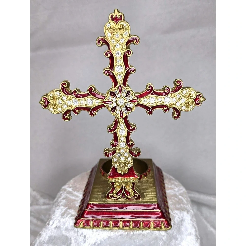 Red And Gold Rhinestone Handcrafted Cross, Tea-light Holder Stunning 5 1/2